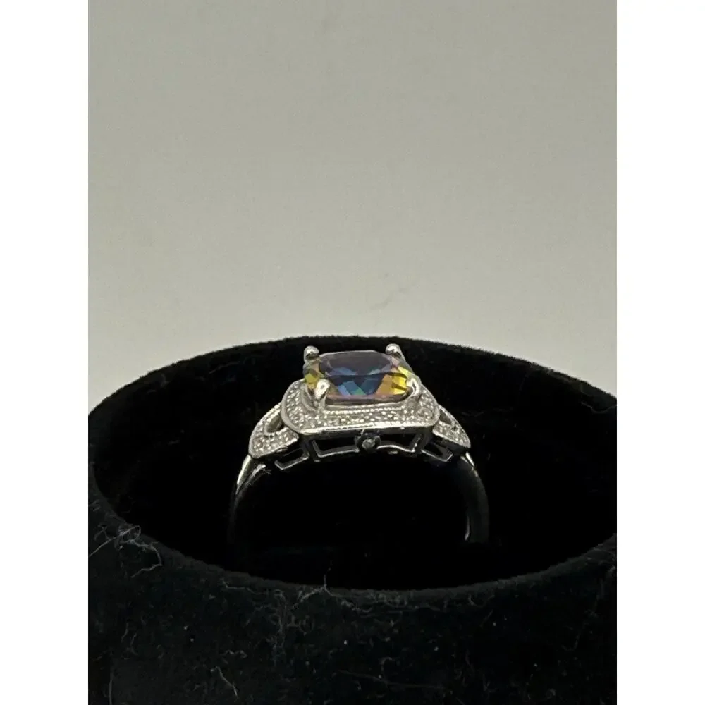 Mystic Topaz Halo Ring Sterling Silver Cushion 9mm Split Shank Sz 8